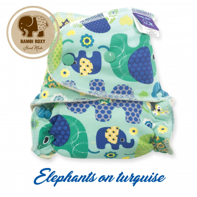 Cloth Bamboo Nappy One-Size (Snap) - Elephants on turquise 1-BRP-P-007