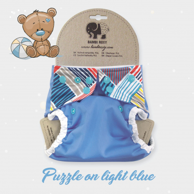 One-Size Nappy Cover /Snap/ - Puzzle on light blue 1-PUL-P-016