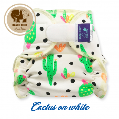 Cloth Bamboo Nappy One-size (velcro) - Cactus on white BRP120