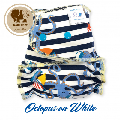 Night Fitted Nappy (Snap) - Octopus on white NOC-P-036