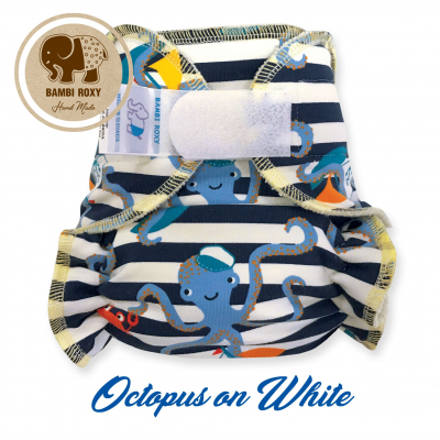 Night Fitted Nappy (Velcro) - Octopus on White NOC-Z-036
